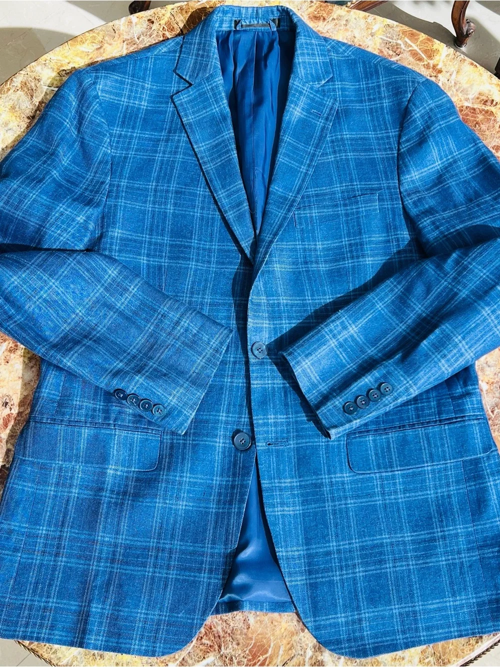 Linen, Ralph Lauren Blue Windowpane Plaid Blazer